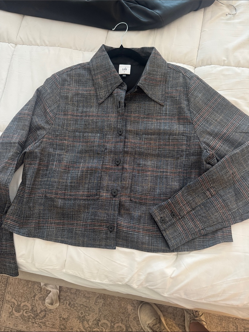CAbi Plaid Button-Front Cropped Jacket in Gray - Blueprint Gray Jacket 4711
